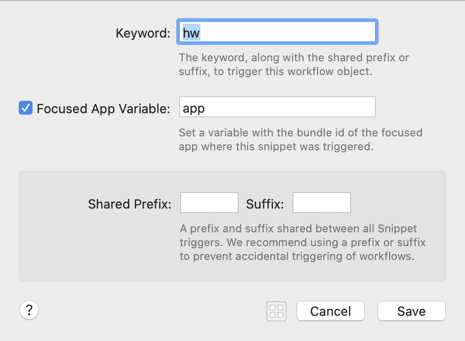 Alfred Workflow Snippet Dialog